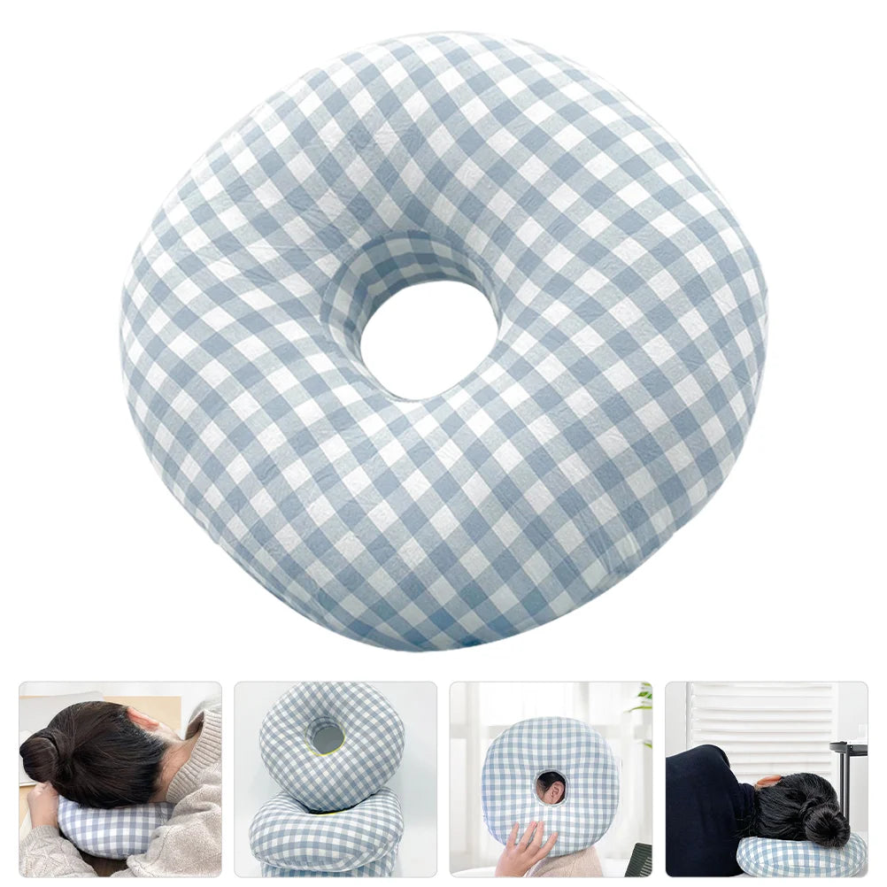 Round Perforated Ant Ear Pain Pillow Ear Piercing Pillow Side Sleeping Supplies With Holes Blue Grid Design Comfortable Sleep
