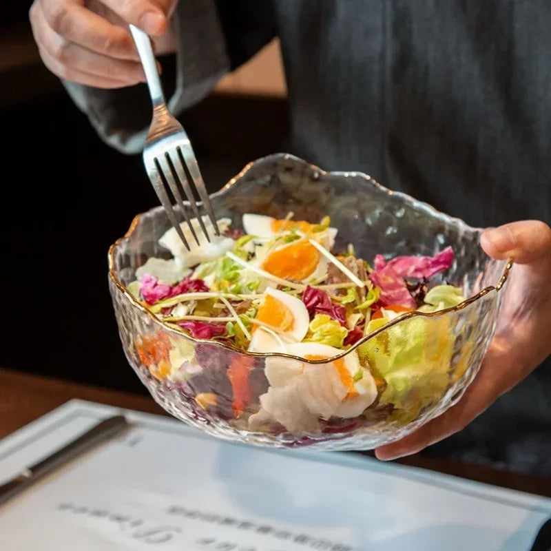 380/750/1450ml Salad Glass Bowl Gold Edge Fruit Candy Snack Foods Mixing Bowl Large Desktop Vegetable Salad Glass Container