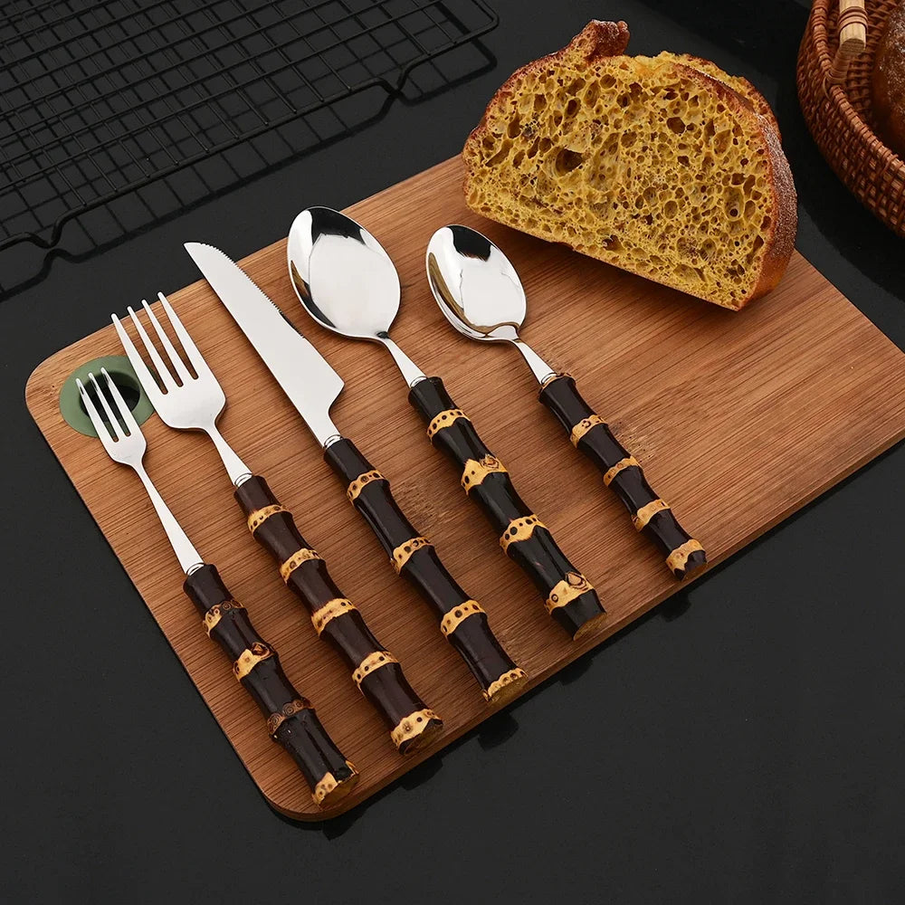 5Pcs Nature Bamboo Handle Flatware Cutlery Stainless Steel Dinnerware Sets Knife Fork Spoon Purely Natural Bamboo Tableware Set